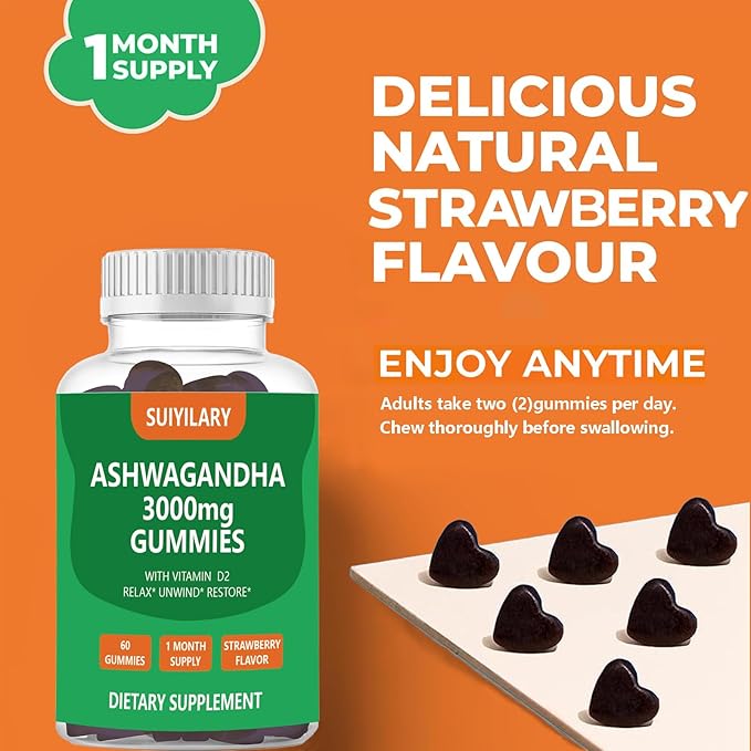 Ashwagandha Gummies 3000mg, Ashwagandha High Strength Root Extract Supplement with Vitamin D2 for Men Women, Strawberry Flavour 1 Months Supply 60 Gummies