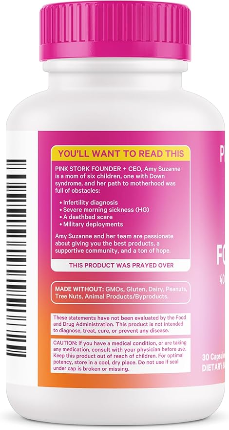 Pink Stork Folic Acid Supplement for Women - 400mcg, Prenatal Vitamins for Women, Supports Neural and Spine Health, Red Blood Cell Production, Mood, Energy During Pregnancy - 30 Capsules