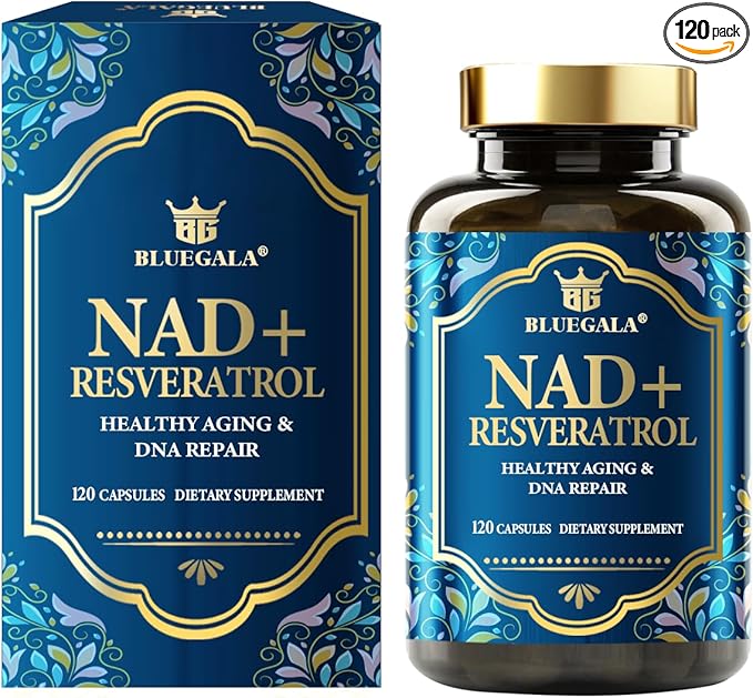 BLUEGALA NAD+ Supplement 1500mg, with 99% Pure Resveratrol 250mg and Vitamin B3 150mg, Boosts Cellular Energy, Supports Healthy Aging & DNA Repair, Non-GMO, Vegan, 120 Capsules
