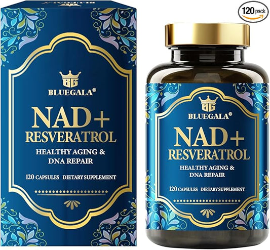 BLUEGALA NAD+ Supplement 1500mg, with 99% Pure Resveratrol 250mg and Vitamin B3 150mg, Boosts Cellular Energy, Supports Healthy Aging & DNA Repair, Non-GMO, Vegan, 120 Capsules