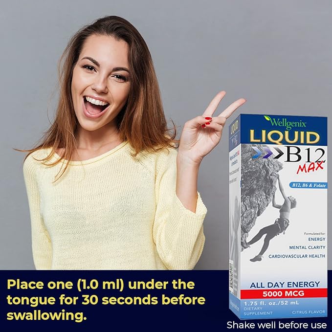 Wellgenix B12 Max Liquid - Vitamin B6, B12 & Folate-High Absorption - Cardiovascular Health, Mental Clarity, Energy Boost & Weight Loss - 1.75oz, 2 Pack
