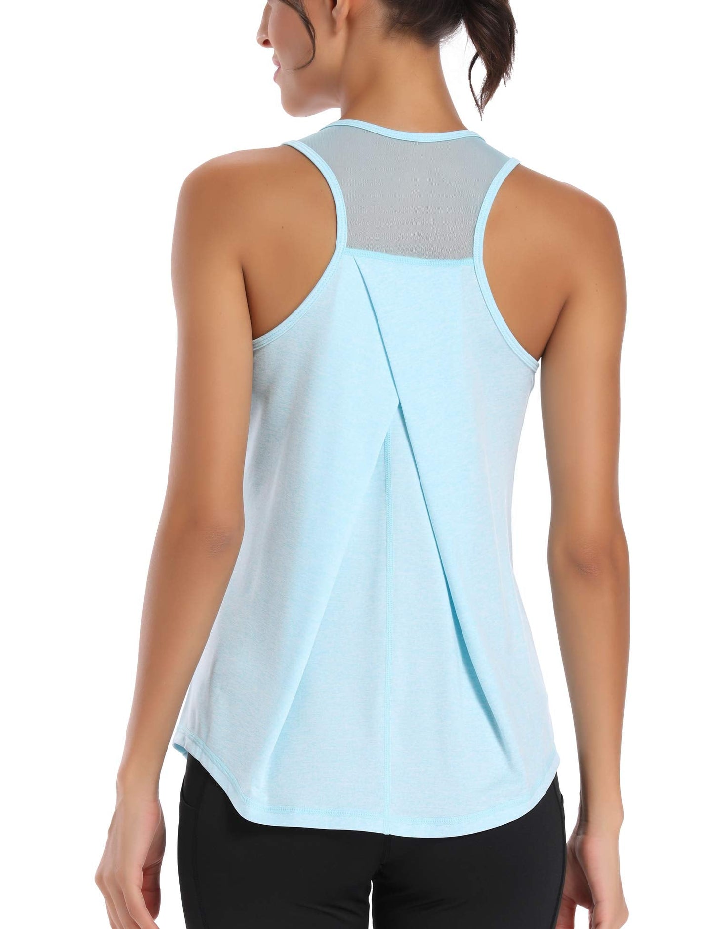 Aeuui Womens Workout Tops for Women Racerback Mesh Yoga Shirts Athletic Running Tank Tops Sleeveless Gym Clothes Light Blue