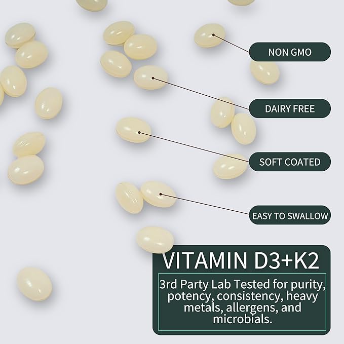 Vitamin D3 5000 IU + Vitamin K2 200 mcg - 4 Month Supply - High Potency Bone & Immune Support - Organic Coconut Oil, No Seed Oils, Non-GMO, 120 Vegetable Softgels