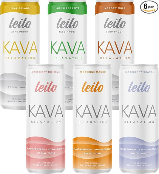 LEILO | Kava Powered Sparkling Relaxation Drink | Variety Sampler 6-Pack – Non-ALC Calming Beverage – Includes (3) Classic & (3) Mocktail Flavors | 12 fl oz Cans (Pack of 6)