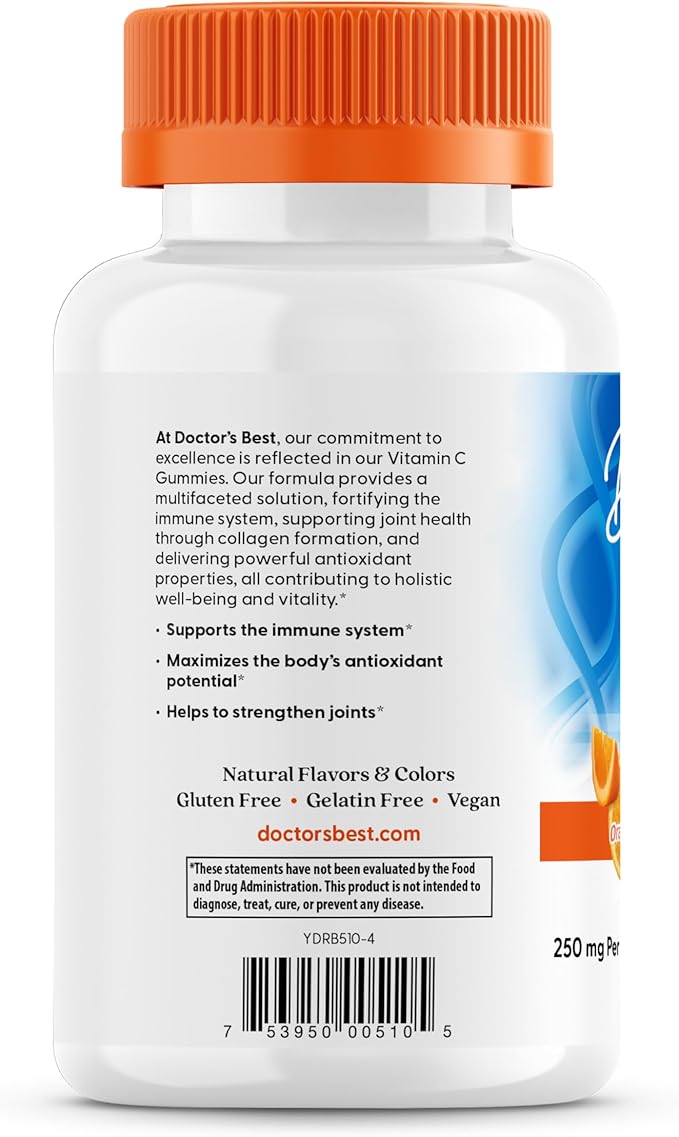 Doctor's Best, Vitamin C Gummies 250mg per Serving Great Tasting Immune Brain Eyes Heart Circulation Antioxidant Support Natural Pectin Vegan Gluten Free CT, Fruit, 120 Count