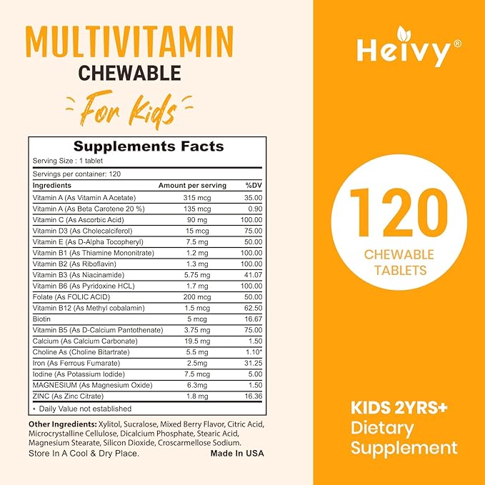 Toddlers Multivitamins, Kids Chewable Vitamin D3, C, Vitamin B12, B6, Vitamin A, E & Zinc for Immune Support and Health, 120 Chewable Tablets
