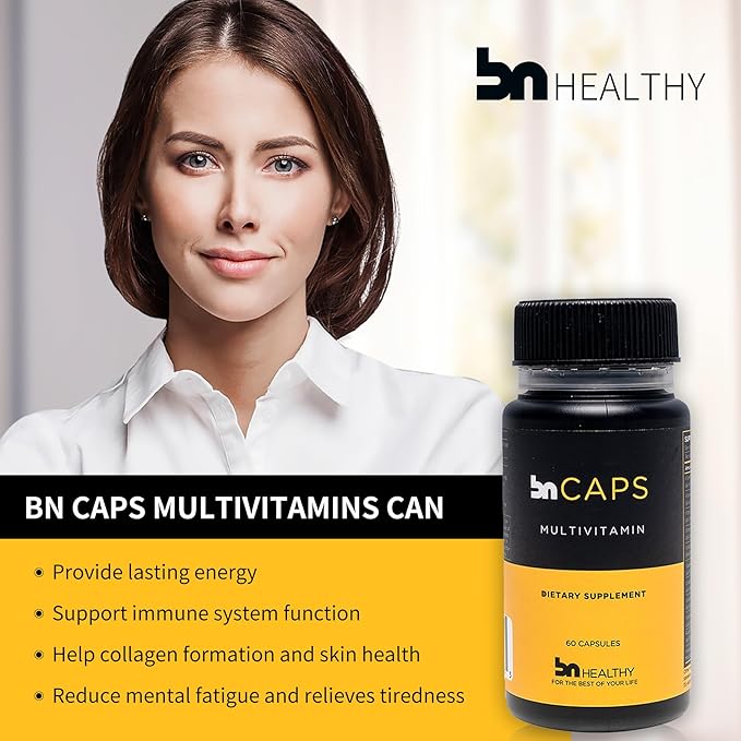BN Caps - Multivitamin Capsule with 22 Essential Nutrients: Vitamins A, B-6, B-12, C, D3, E, K, Biotin, Iron & Zinc, Supports Men & Women Overall Health, 60 Capsules, 60 Days Supply