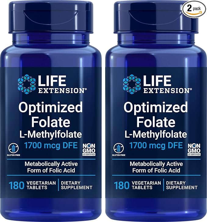 Life Extension Optimized Folate (L-Methylfolate) 1700 mcg DFE, 180 Veg Tablets (Pack of 2)