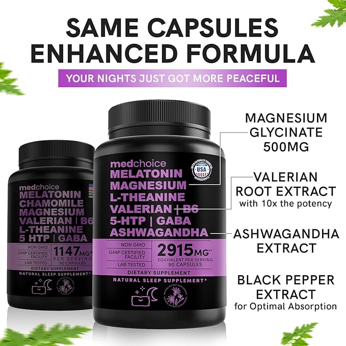 12-in-1 Melatonin Sleep Capsules - Natural Sleep Aids for Adults with Melatonin 5mg and Magnesium Glycinate 500mg, Sleep Aid with Ashwagandha, L Theanine, Valerian Root, GABA, 5-HTP (90ct, Pack of 3)