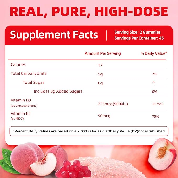 D3 K2 Vitamin 9000 IU Supplement Gummies for Women Adult Muscle Teeth Immune Support Sugar Free 90 Counts, Peach Flavor