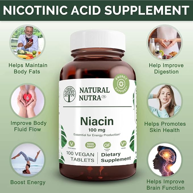 Natural Nutra Niacin Supplement for Energy, Help Maintain Body Fats, Improve Digestion, Promotes Skin Health, Boost Energy and Brain Function, Non-GMO, Gluten-Free, 100 mg, 100 Tablets (Pack of 3)
