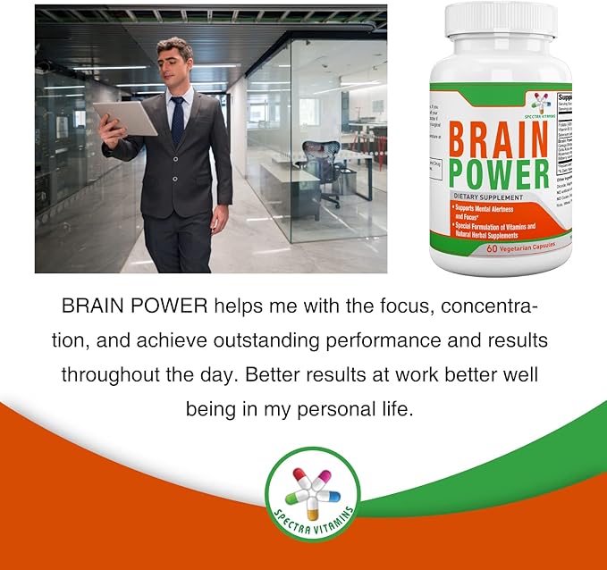 Spectra Vitamins Brain Power, Supports Focus, Nootropics, Improves Memory, Alertness for Men & Women, Ginkgo Biloba, Gotu Kola, 60 Capsules,