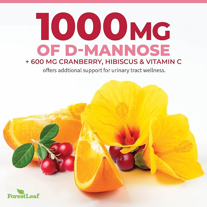 ForestLeaf D Mannose 1000mg Capsules - D-Mannose with Cranberry, Hibiscus & VIT C, Urinary Tract Health for Women and Men, Organic DMannose Pills for UTI, Urinary Health & Bladder Support 60 Capsules