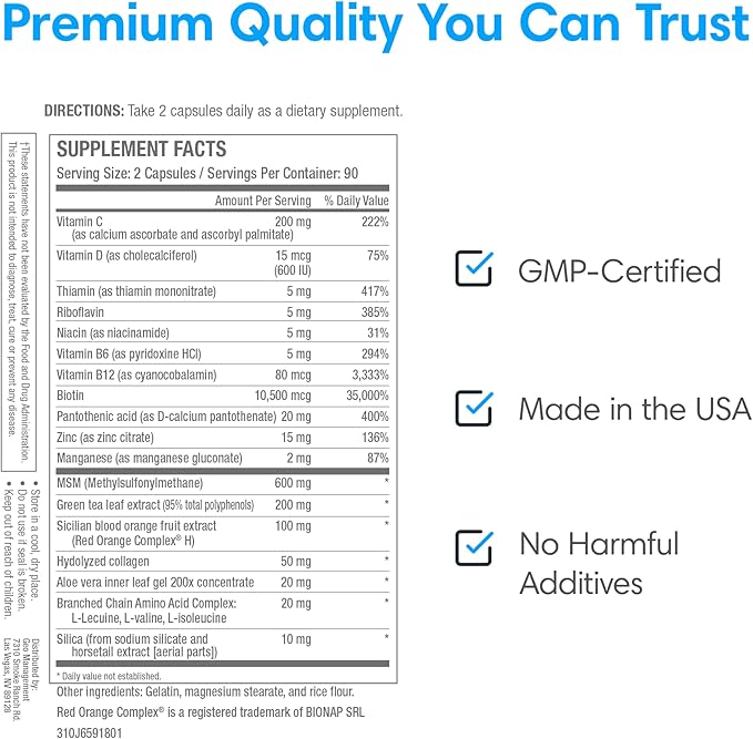 Consult Health Beaute Caps Pro - Supports Hair Growth, Skin & Nail Health - Collagen, Vitamins B6, B7,B12, D & 10,500 mcg Biotin - MSM, Blood Orange - Anti-Aging - USA Made - Women & Men 60 Capsules