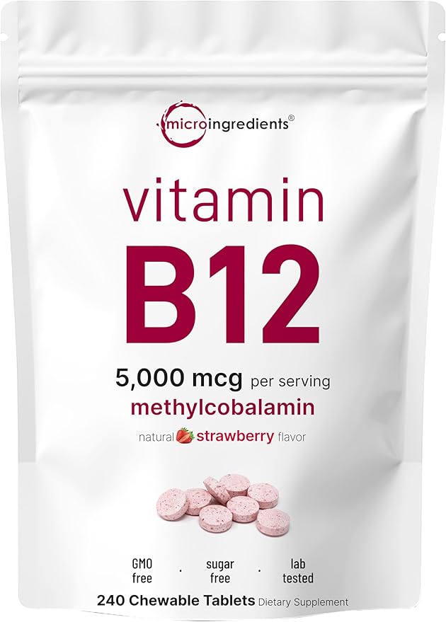 Micro Ingredients Vitamin B12 5000mcg | Methyl B12 Active Form – 240 Chewable Tablets | Fast Dissolve, Natural Strawberry Flavor, Support Energy, Metabolism Health | Vegan, Non-GMO, & No Glute