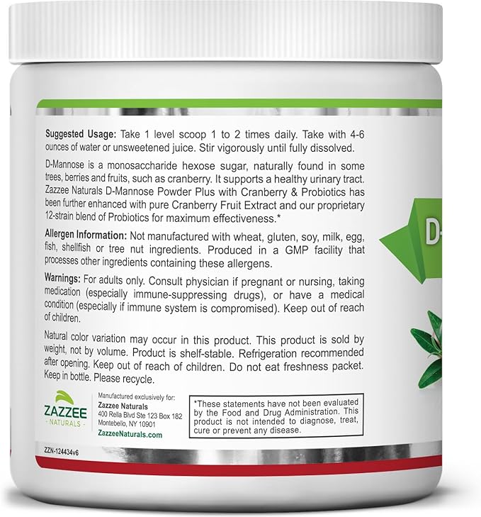 Zazzee D-Mannose Powder Plus, 2000 mg, 67 Servings, Potent & Fast-Acting, Plus 5 Billion CFU Probiotics and Pure Cranberry Juice Extract, Free Scoop, 6.5 Oz, Vegan, Gluten-Free, Non-GMO, All-Natural