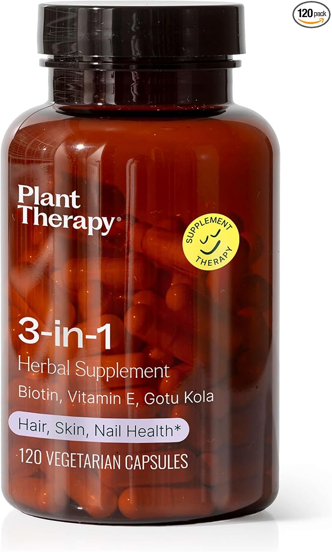 Plant Therapy 3-in-1 Biotin Capsules with Vitamin E & Gotu Kola Manufactured in USA 4 Month Supply Supports Radiant Skin, Hair Growth and Strong Nails Supplements for Women 120 Vegetarian Capsule
