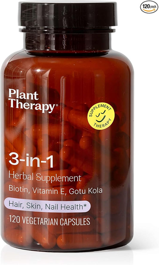 Plant Therapy 3-in-1 Biotin Capsules with Vitamin E & Gotu Kola Manufactured in USA 4 Month Supply Supports Radiant Skin, Hair Growth and Strong Nails Supplements for Women 120 Vegetarian Capsule