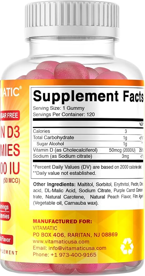 Vitamatic Sugar Free Vitamin D3 2000 IU - 120 Pectin Based Gummies - Great Taste - Healthy Bones, Mood & Immune System Function - Non-GMO - 120 Servings
