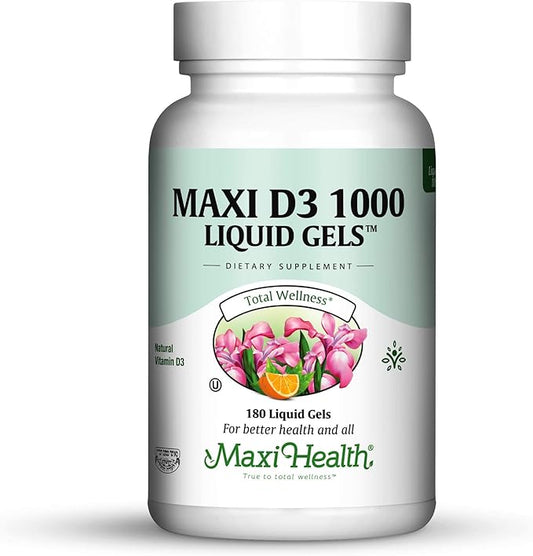 Maxi Health Vitamin D3 1000 IU Dietary Supplement - Easy to Swallow - Odorless & Tasteless - Supports Calcium Absorption, Immune Health and Bone Health in Adult Women & Men - 180 Liquid Gels