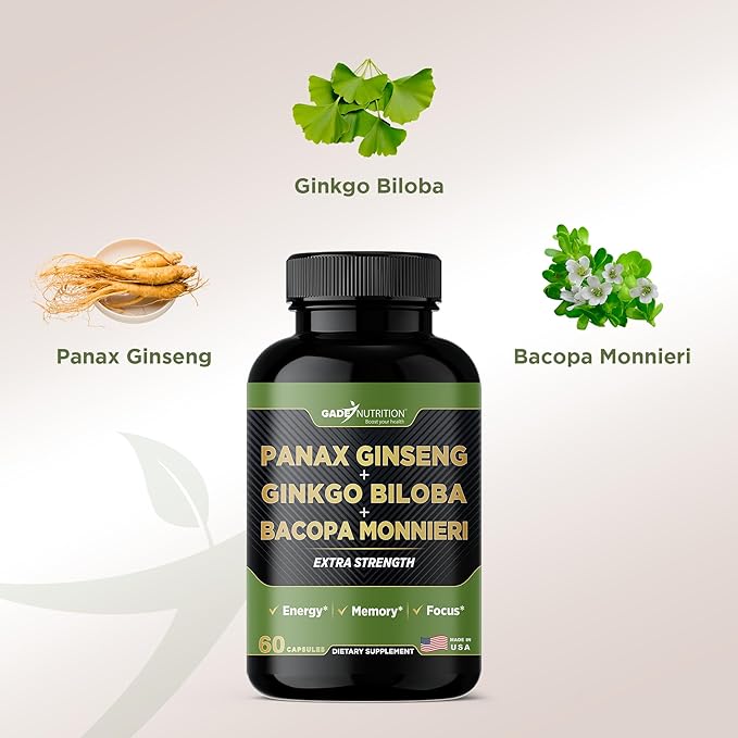 Gade Nutrition Ginkgo Biloba with Ginseng Supplement and Bacopa Monnieri | Brain Supplements for Memory and Focus with panax Ginseng & Ginko biloba Capsules - Memory Supplement for Brain