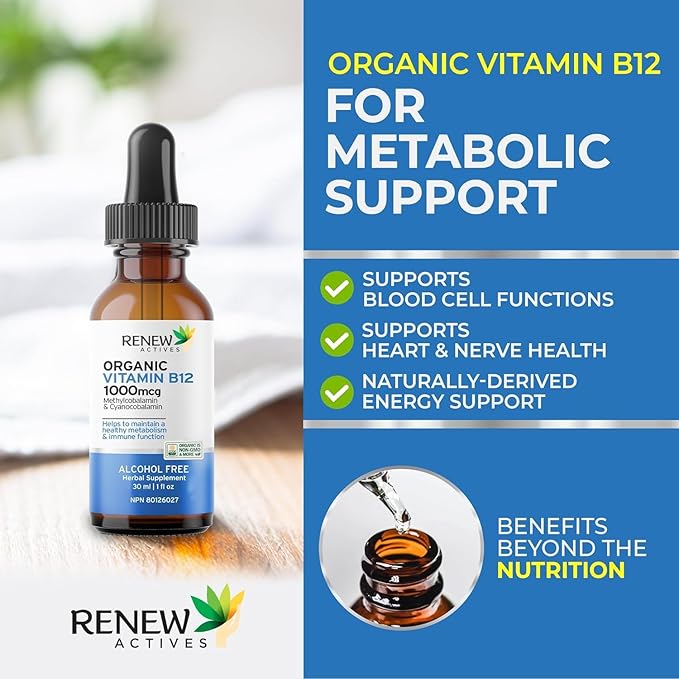 Renew Actives Premium B12 Liquid Extract Supplement 1000MCG per 1 ml – Vegan Drops with High-Potency Complex for Healthy Skin, Strong Nails, Vibrant Hair & Immune Support– Made in Canada - 30 ml