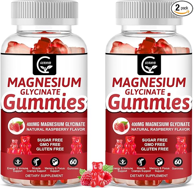 Magnesium Glycinate Gummies 400mg, Mg Potassium Supplement with Chelated Magnesium Malate Complex, Vitamin D, B6, and CoQ10, Supports for Memory, Calm, Mood & Sleep - 60 Count (Pack of 2)