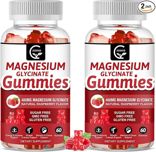Magnesium Glycinate Gummies 400mg, Mg Potassium Supplement with Chelated Magnesium Malate Complex, Vitamin D, B6, and CoQ10, Supports for Memory, Calm, Mood & Sleep - 60 Count (Pack of 2)