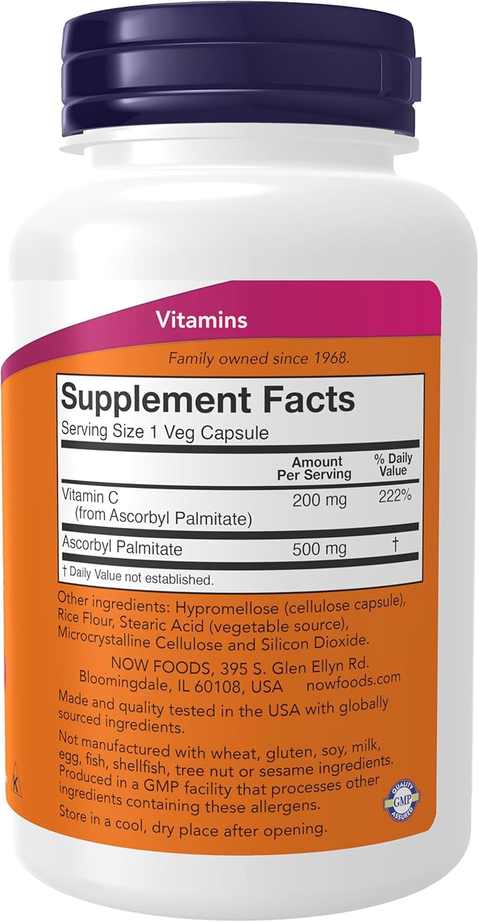 NOW Supplements, Ascorbyl Palmitate 500 mg, Esterified Vitamin C, Antioxidant Protection*, 100 Veg Capsules