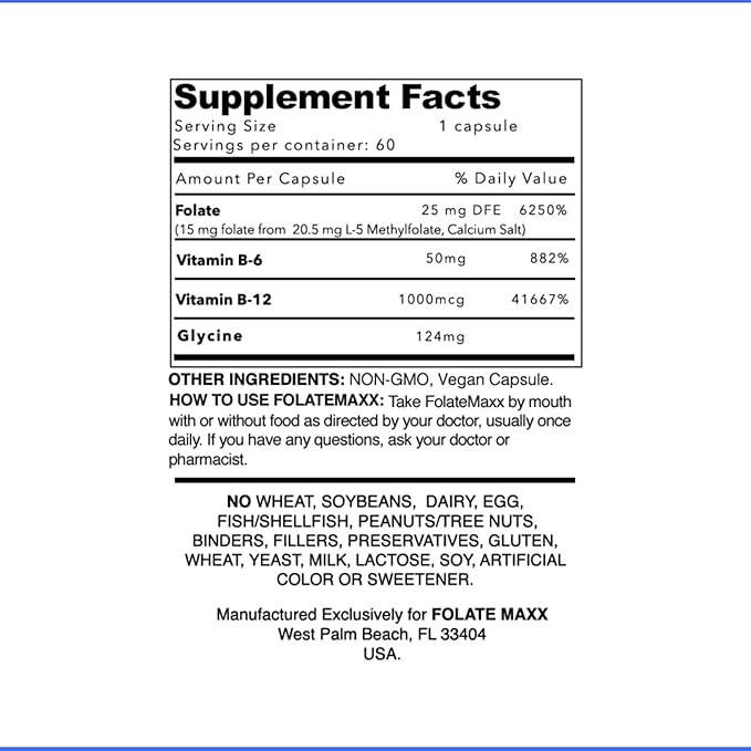 FolateMaxx L-Methylfolate + B12 Methylcobalamin & B6 Blend (15mg) - 60 Capsules - Active B-Complex with Cofactors & Essential Amino Acids - Non GMO, Gluten Free, No Fillers