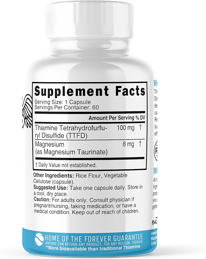 Nature's Fusions TTFD Thiamine B1 Supplement - 100mg 60 Servings - with 8mg Magnesium - No Toxic Fillers - TTFD Thiamine Tetrahydrofurfuryl Disulfide - Third Party Lab Tested - Nutri Supplements