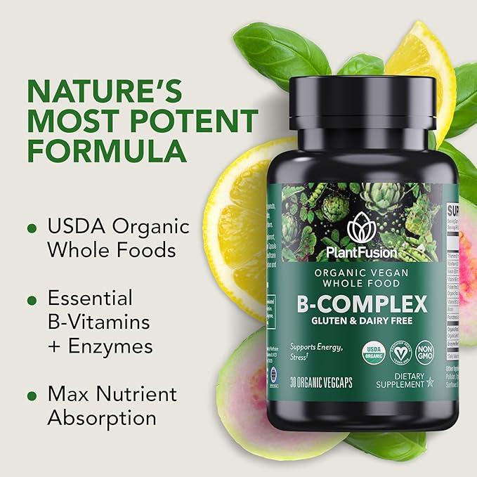 PlantFusion Organic Vitamin B-Complex, Vegan Whole Food Supplement for Energy & Metabolism, Methylated B12, Guava, Lemon & Basil, Non-GMO, Gluten-Free - 30 Capsules