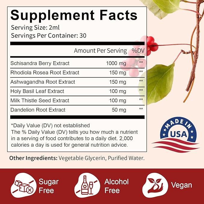 Schisandra Supplement 6-in-1 Schisandra Berry Drops with Rhodiola Rosea, Ashwagandha, Holy Basil, Milk Thistle, Dandelion Root Adaptogen for Mood Stress Liver Health 2Fl.Oz