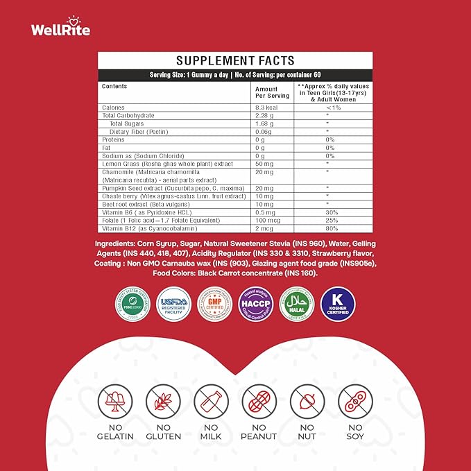 PMS Gummy Vitamins That Provides Total Monthly Balance & Carefree Days, 60 Count, Strawberry Flavored, Vegan, Gelatin Free, Gluten Free, Nut Free, Relieves Cramps, Normal Menstrual Flow
