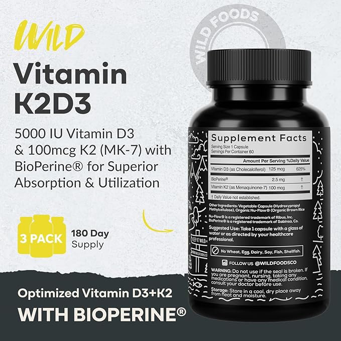 Wild Foods 5000iu Vitamin D3 + K2 | (100mcg Mk7) with Black Pepper Extract, Plant-Based, Non-GMO, Soy & Gluten-Free | Dietary Supplement | Made in USA | 60 Caps (Pack of 2)
