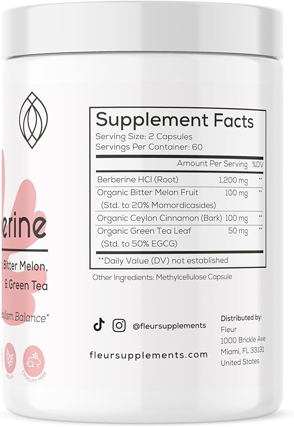 FLEUR Berberine HCL with Organic Cinnamon, Bitter Melon & Green Tea Extract, Supports Heart, Digestive, and Immune System, Vitality Support for Men and Women, Non-GMO & Vegan, 120 Capsules