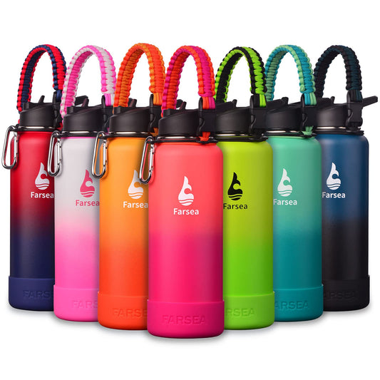 Farsea Insulated Water Bottle With Paracord Handle, Protective Silicone Boot and 2 Lids (Straw Lid & Spout Lid), Stainless Steel Water Bottle Wide Mouth, Double Wall Sweat-Proof BPA-Free, 40 oz