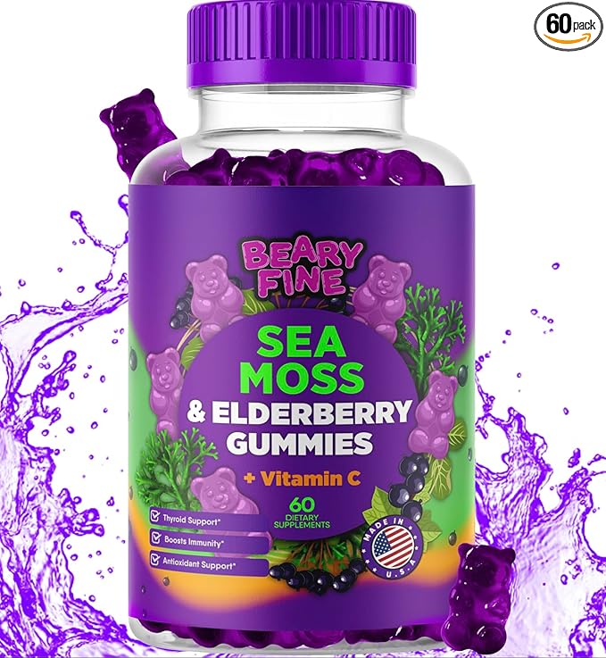 Sea Moss Gummies & Elderberry - Vitamin C + Zinc – Extra Strength Immune & Thyroid Support Booster Gummy Bears for Kids & Adults - 60 Seamoss Gummies - Made in The USA
