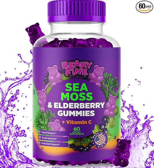 Sea Moss Gummies & Elderberry - Vitamin C + Zinc – Extra Strength Immune & Thyroid Support Booster Gummy Bears for Kids & Adults - 60 Seamoss Gummies - Made in The USA