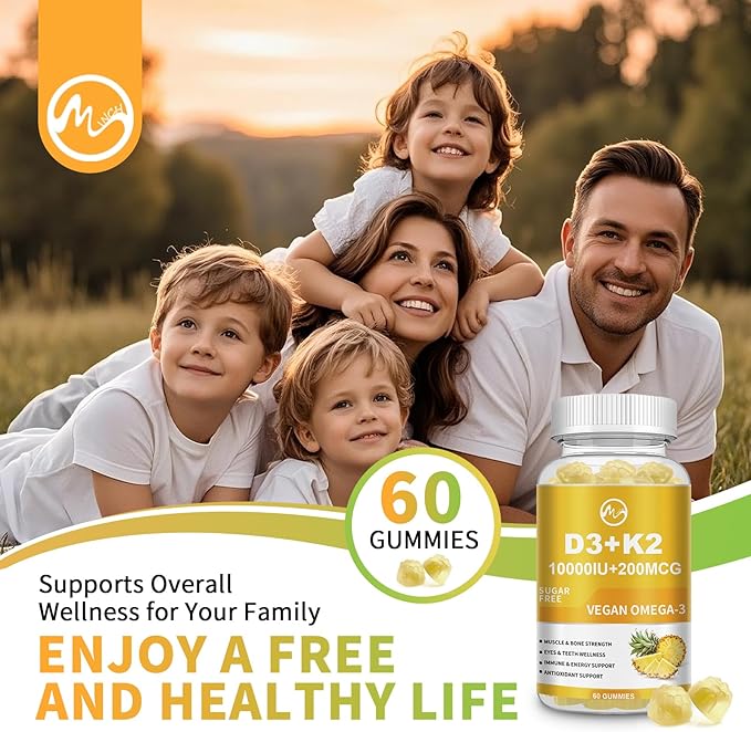 Vitamin D3 K2 Filled Gummies, Vitamin D3 10000IU, K2 (MK-7) 200mcg, Sugar Free K2 D3 Vitamin Supplement with Omega-3, Calcium, Magnesium, Zinc for Muscle, Bones & Immune Support, 1 Pack