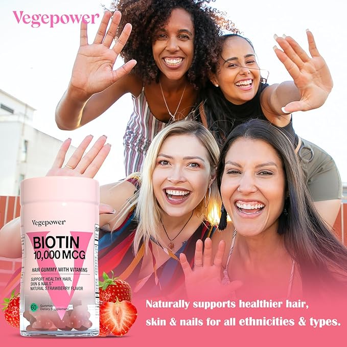 Hair Growth Gummies with Biotin 10,000mcg - Vegan Hair Vitamins Gummy for Yor Healthy Hair, Skin & Nails, Added B-Complex, Vitamin D, Vitamin A & Zinc - Hair Supplement for Women Men (60, Strawberry)