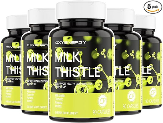 OxyEnergy Silymarin Milk Thistle 300mg Extract with Vitamin C, Inositol & Pueraria, Liver Detox & Repair Support, Antioxidant Support,90 Capsules, Pack of 5