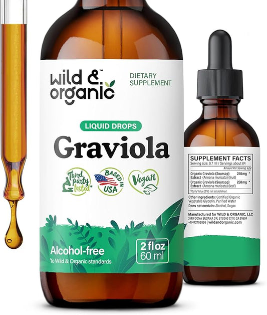 Wild & Organic Soursop Graviola Liquid Drops - Guanabana Leaves & Soursop Fruit Tincture for Antioxidant Support - Graviola Leaf Extract Supplement - Vegan, Sugar & Alcohol-Free - 2 fl oz
