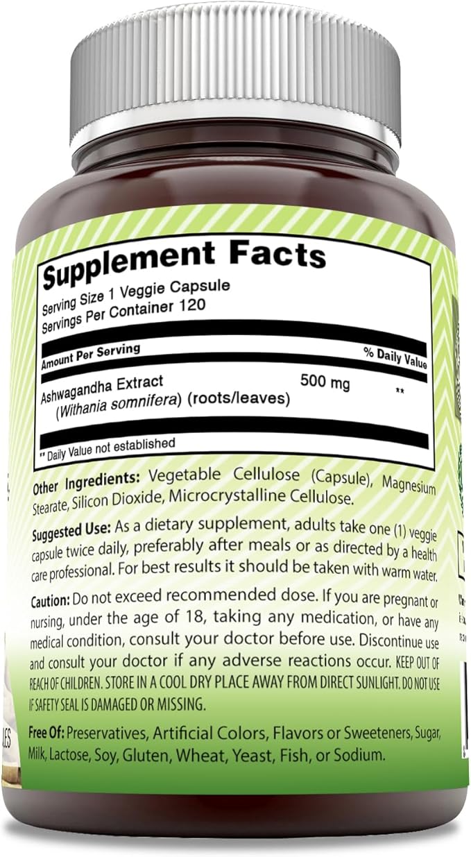 Amazing India Ashwagandha 500 mg Veggie Capsules Supplement | Made with Natural Ashwagandha | Non-GMO | Gluten Free (120 Count)