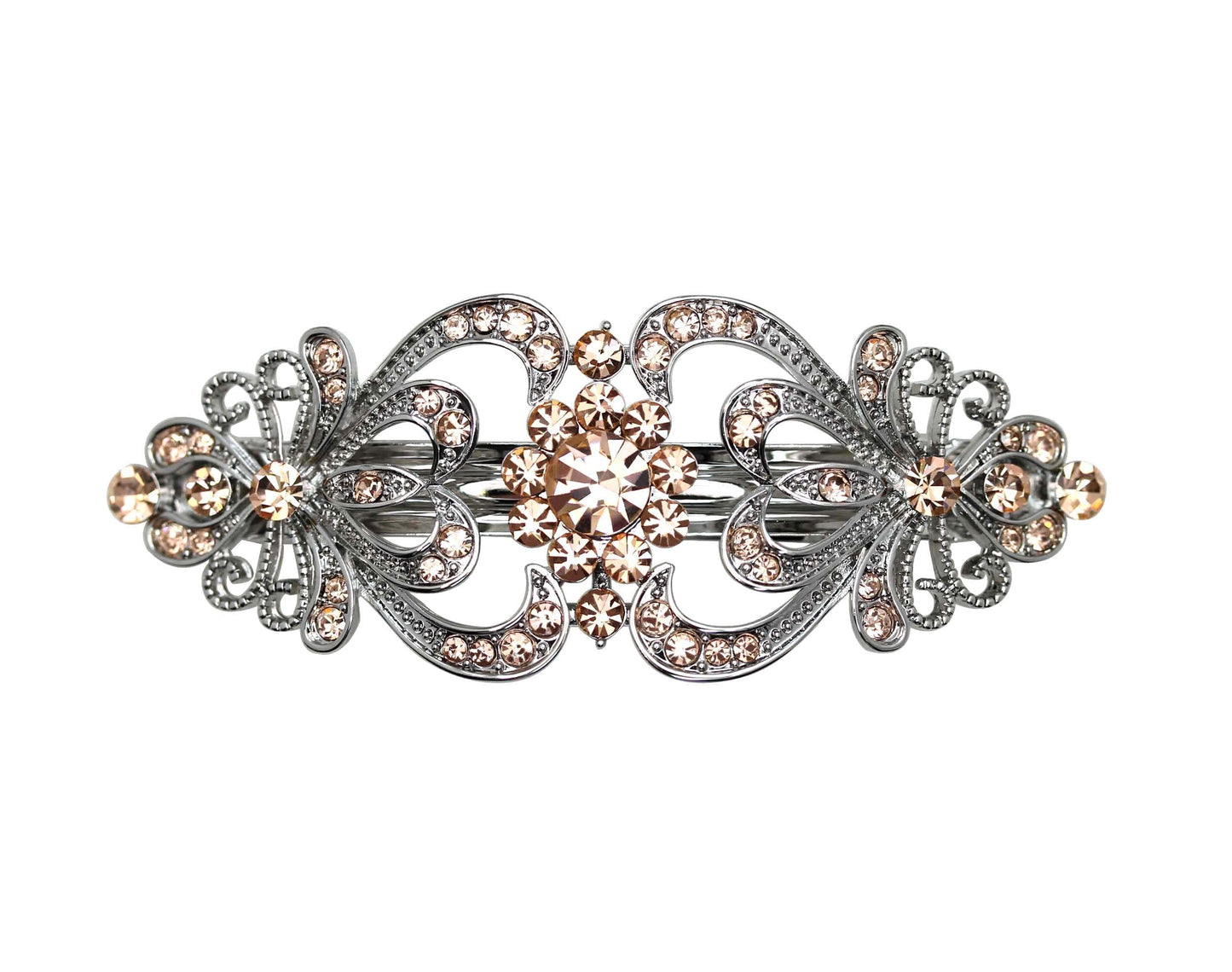 Faship Gorgeous Champagne Crystal Hearts And Floral Hair Barrette