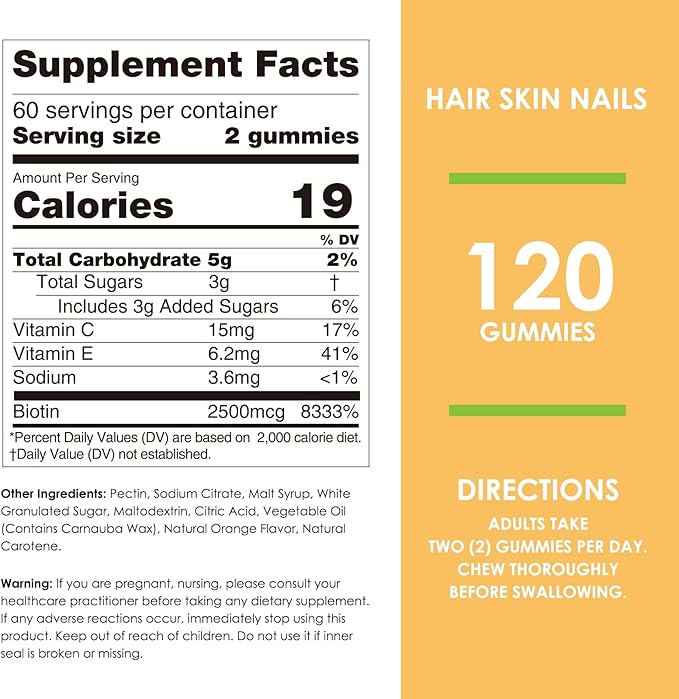 Nature's Key Biotin Gummies with Vitamin C and E, Support Hair Nails Growth & Beautiful Skin for Women Men and Kids, Vegan, Orange Flavors, 120 Count