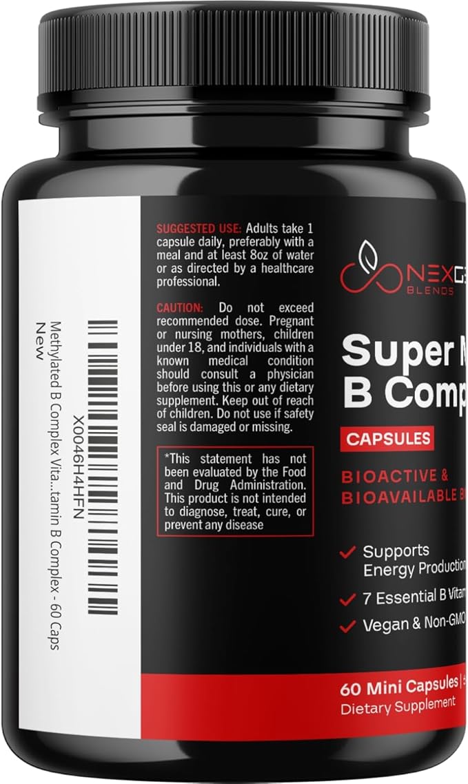 Methylated B Complex Vitamin Supplement - Bioactive Methyl B Complex with 5-MTHF Methyl Folate & B12 Methylcobalamin for Brain Heart Energy & Homocysteine Support - Super Vitamin B Complex - 60 Caps