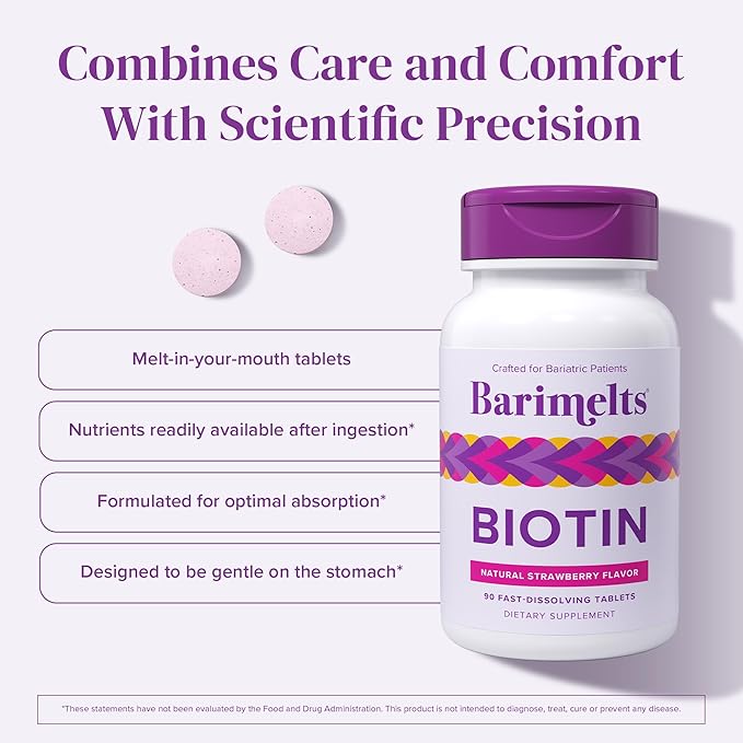 BariMelts Biotin 5000mcg, 90 Fast-Dissolving Tablets (3-Month Supply), Sugar-Free Bariatric Vitamins for Women, Natural Strawberry Flavor