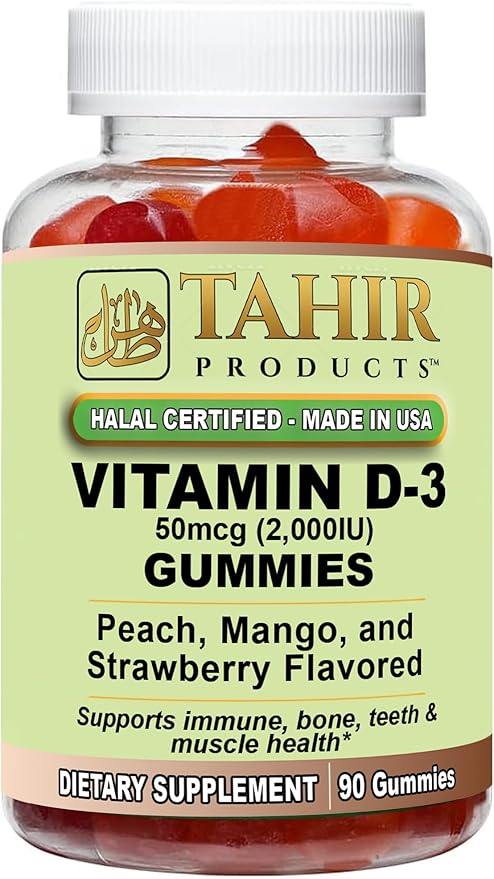 Tahir Halal Vitamin D3 2000 IU Gummies – Supports Bone & Immune Health, Promotes Muscle Function, Gluten-Free, Gelatin-Free, 90 Natural Fruit Flavor Gummies, Made in USA – Halal Certified