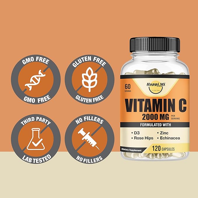 Vitamin C 2000MG, Zinc 40 mg, Vitamin D3 5000 IU, Echinacea Extract, Rose Hip, Immune Support for Adults & Kids, Immune Booster,120 Vegan Caps, 60 Day Supply, Non GMO, No Filler